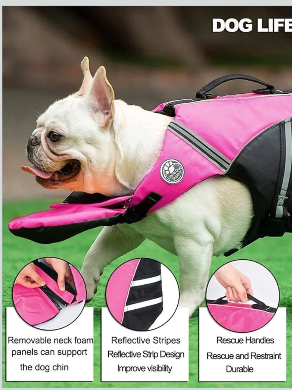 Sierra Dog Supply Large Dog Reflective Pink Dog Life Jacket with Rescue Handle